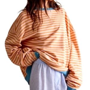We The Free Classic Oversized Striped Sweatshirt In Latte Combo, L, NWOT
